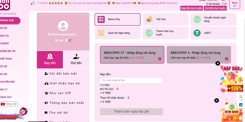 Nạp tiền MMOO an toàn nhanh chóng